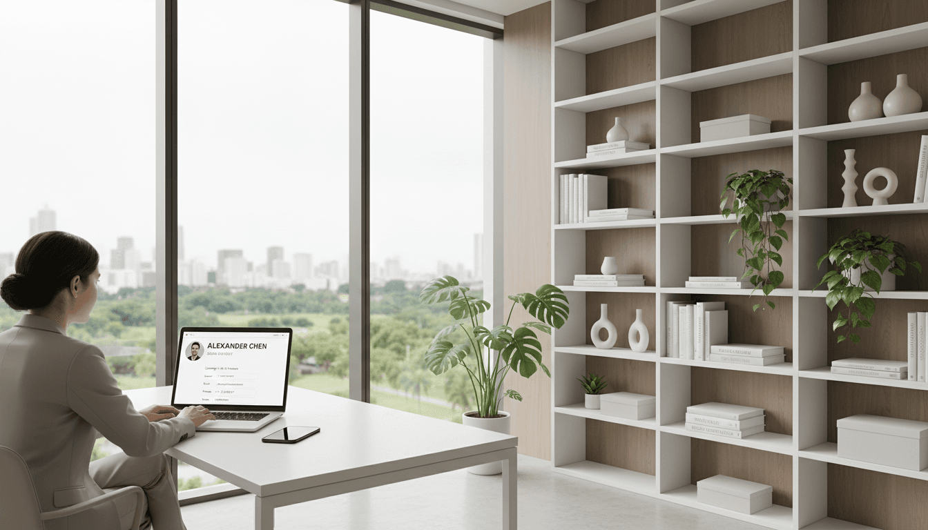 Modernes Home Office mit Laptop, der eine professionelle Webseite anzeigt