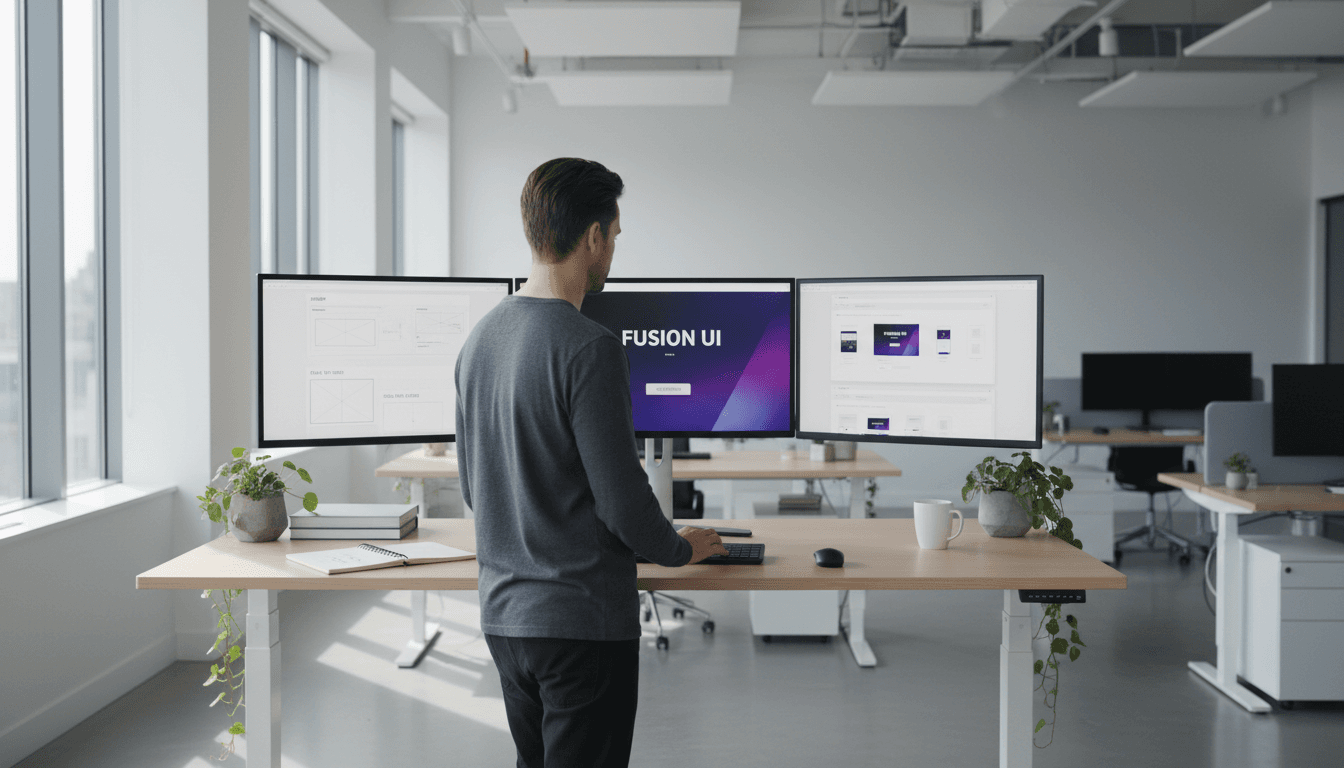 Webdesigner erstellt responsive Webseite am Computer mit modernem Interface