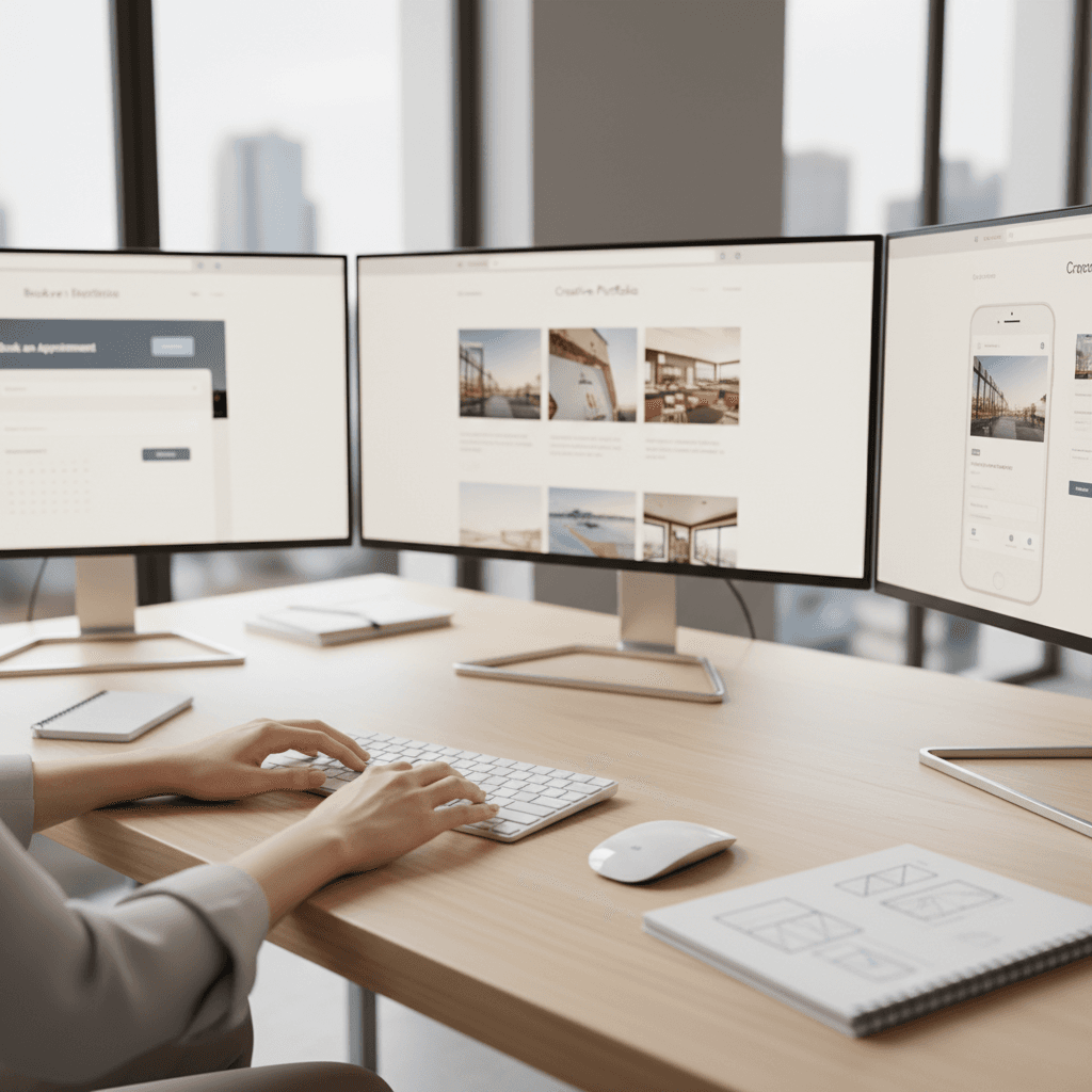 Web designer's hands typing on keyboard with responsive website layouts visible on multiple computer monitors in bright, naturally-lit workspace